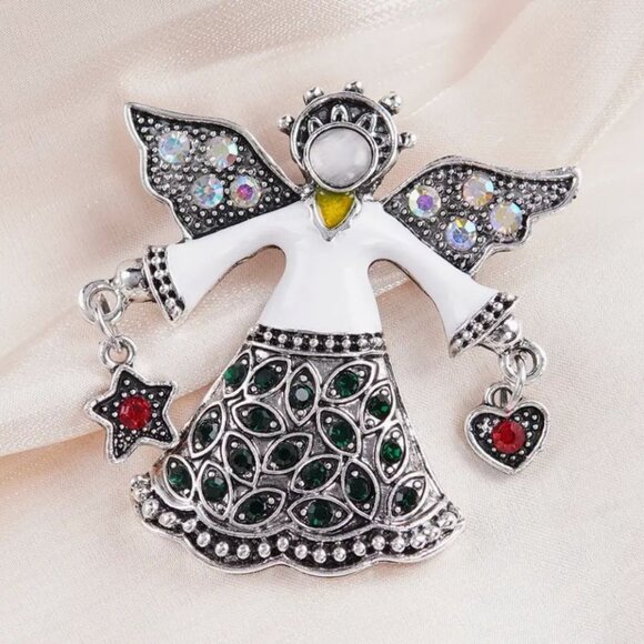 Angel Brooch Pin With Green & Red Crystal Accents Silver Tone - Picture 3 of 3